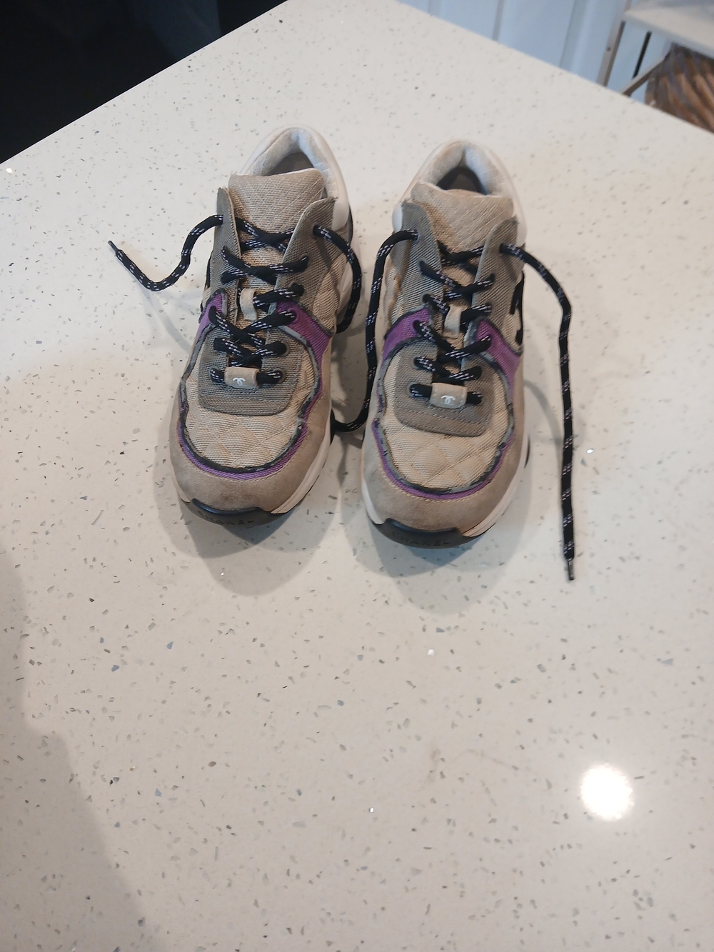Chanel Fabric Suede Calfskin Womens CC Sneakers 39 Beige Dark Beige Purple